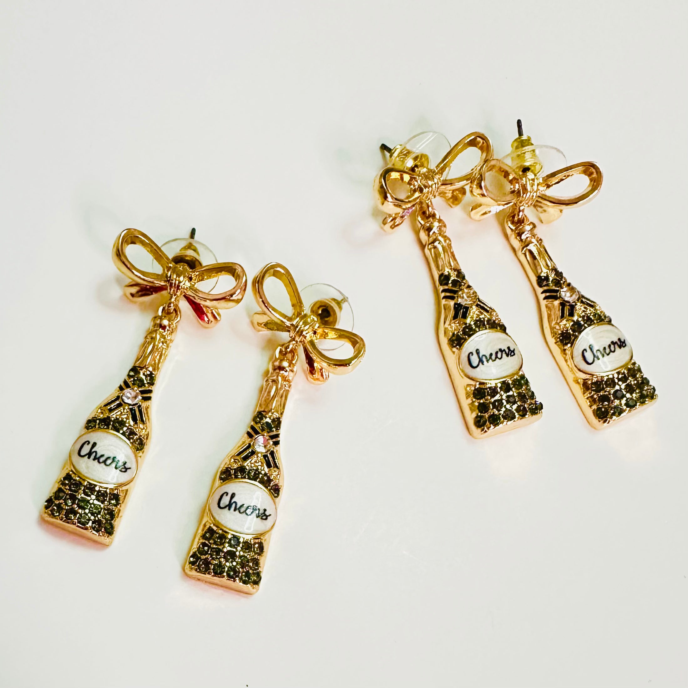 Gold Champagne Bottle Earrings with Bow & Rhinestones