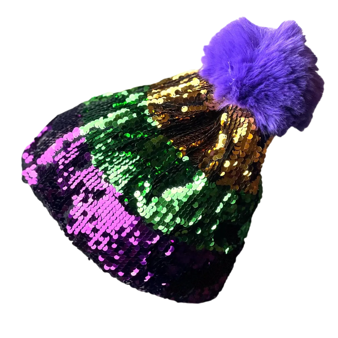 Mardi Gras Sequin Pom Beanie Hat
