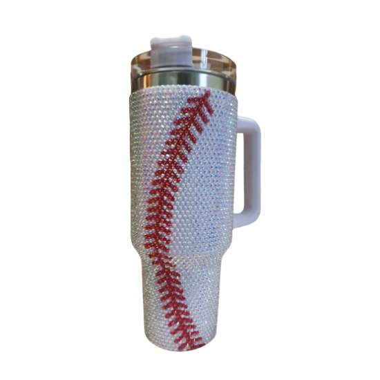 Baseball Rhinestone Tumbler 40 oz Silver