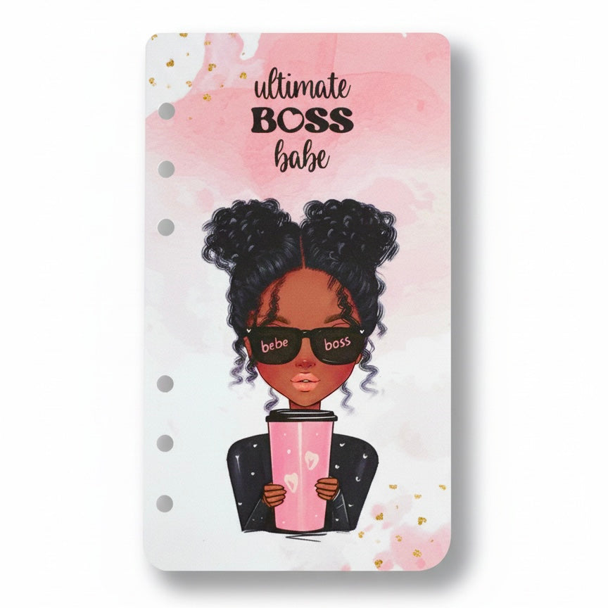 Notebook with illustration of a woman holding a coffee cup and 'Ultimate Boss Babe' text on a pink background
