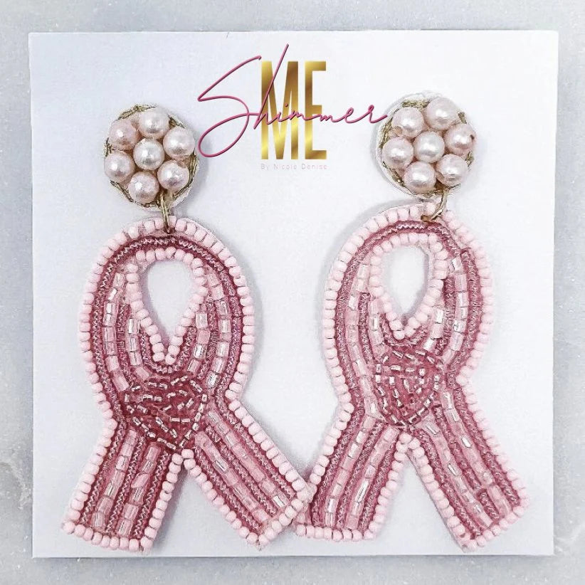 Seed Bead Pink Ribbon Earrings