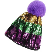 Mardi Gras Sequin Pom Beanie Hat